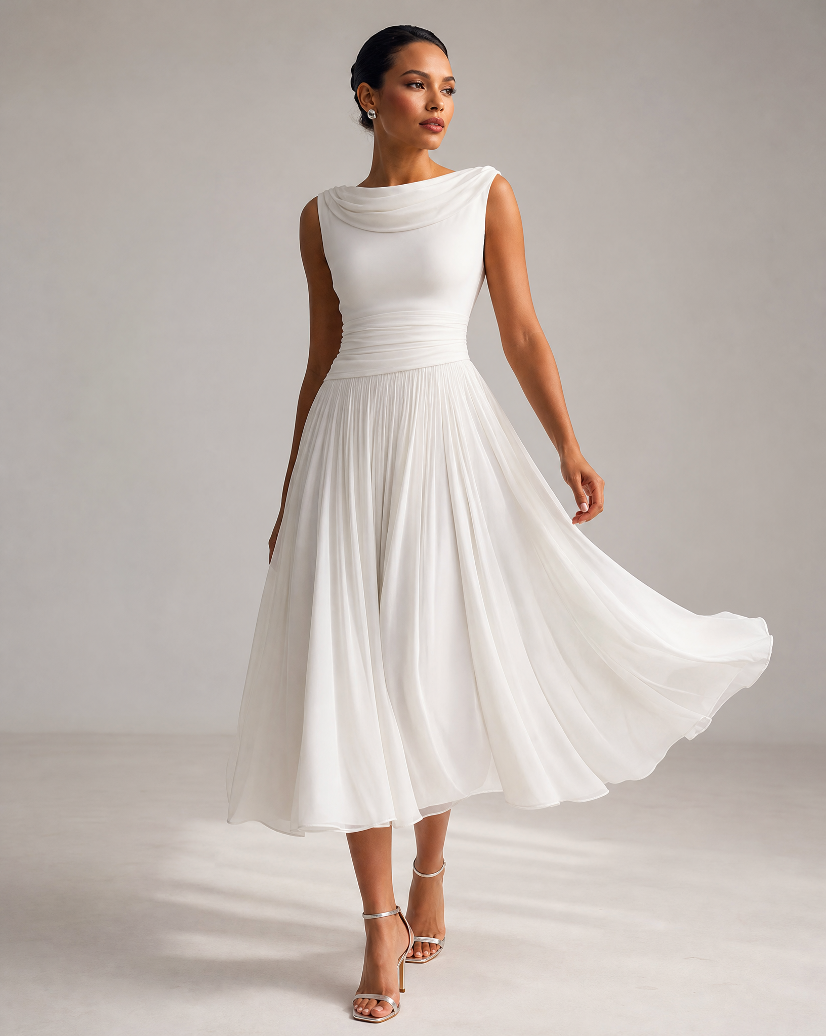 Sukienka midi bez rękawów z plisowanym dekoltem typu cowl – elegancka sukienka na formalne wesele-2