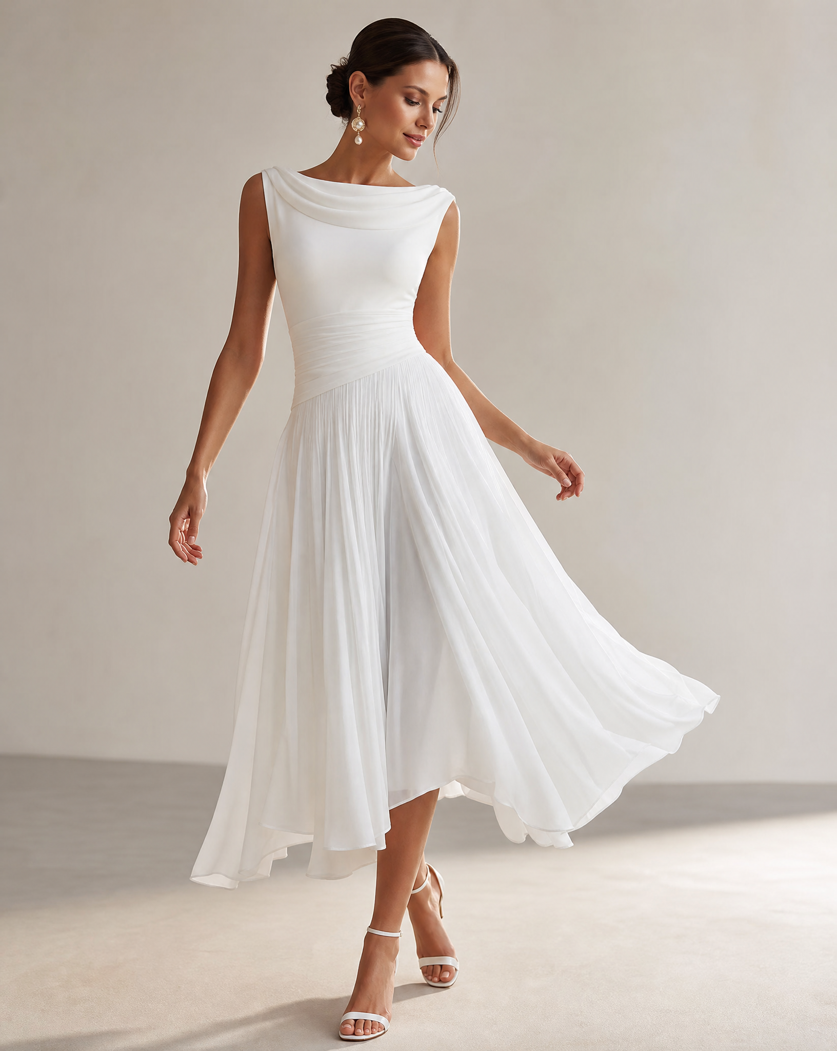 Sukienka midi bez rękawów z plisowanym dekoltem typu cowl – elegancka sukienka na formalne wesele-3