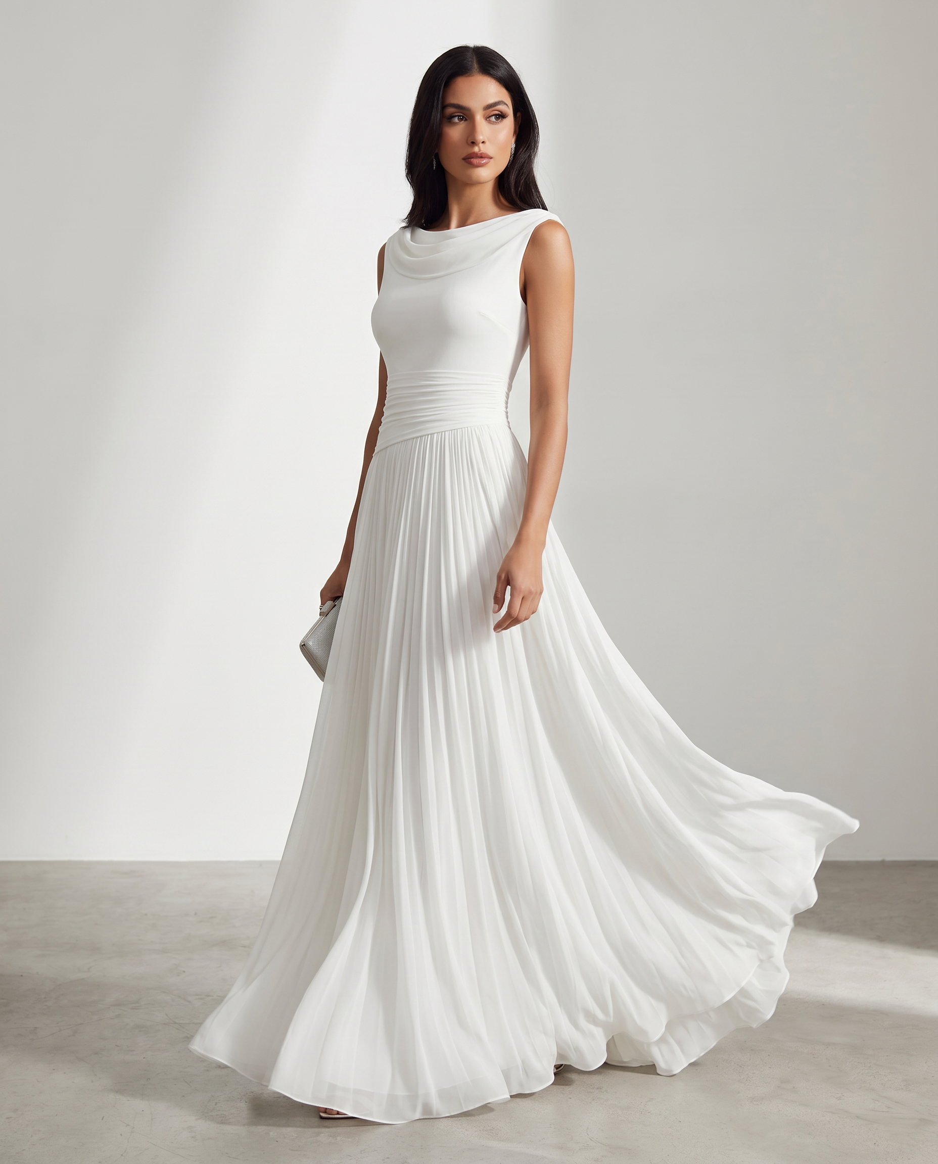 Sukienka midi bez rękawów z plisowanym dekoltem typu cowl – elegancka sukienka na formalne wesele-5
