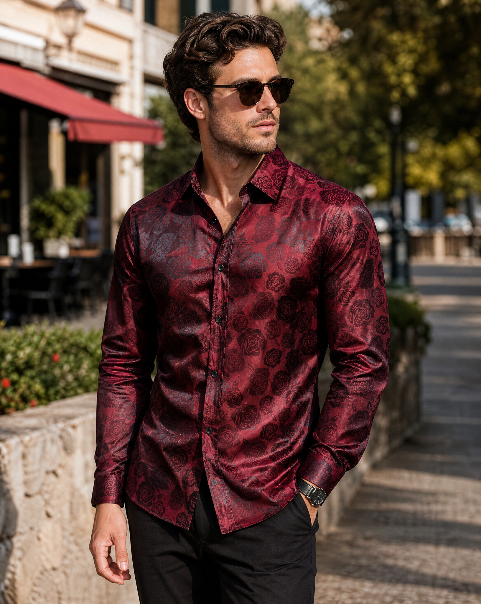 Męska koszula w różany wzór – elegancki kwiatowy design z długim rękawem na formalne wydarzenia-3
