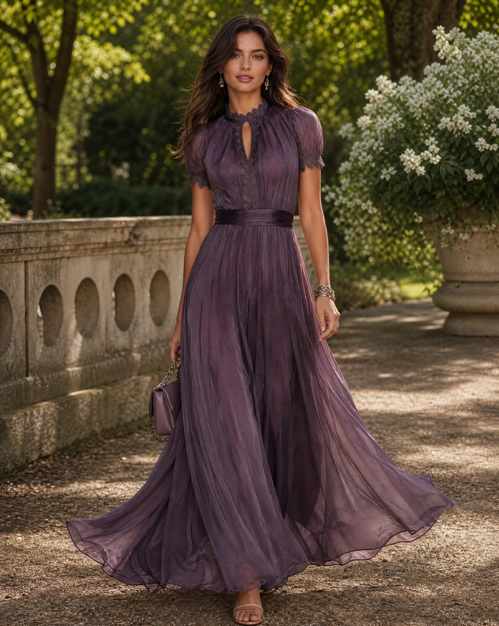 Vintage Zusammengesetztes Maxikleid – Eleganter Stehkragen & Laternenärmel für formelle Anlässe