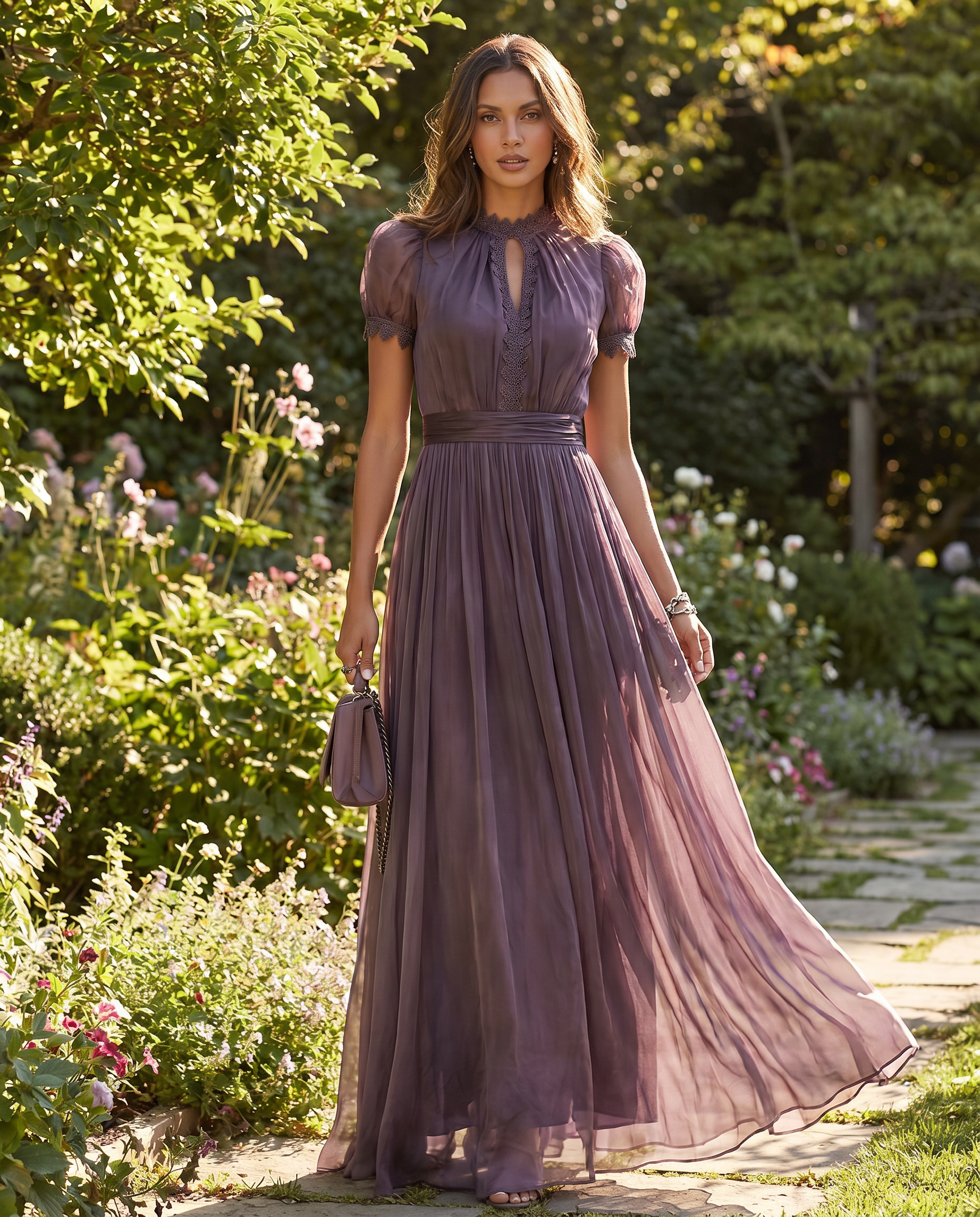 Vintage Spliced Maxi Dress – Elegant Stand Collar & Lantern Sleeves for Formal Events-2