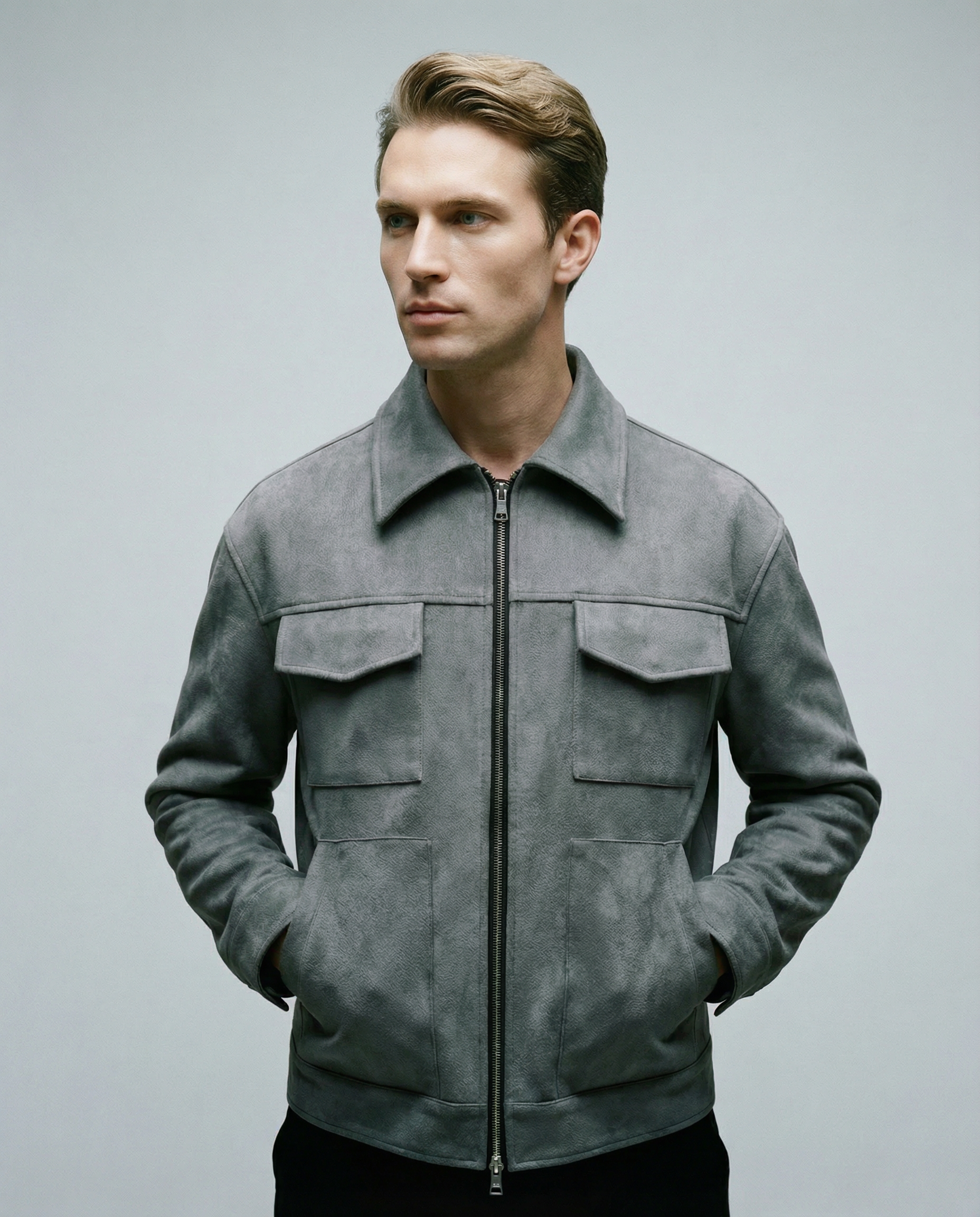 Men's Oversized Windbreaker Jacket – Stylish Suede Design with Functional Pockets