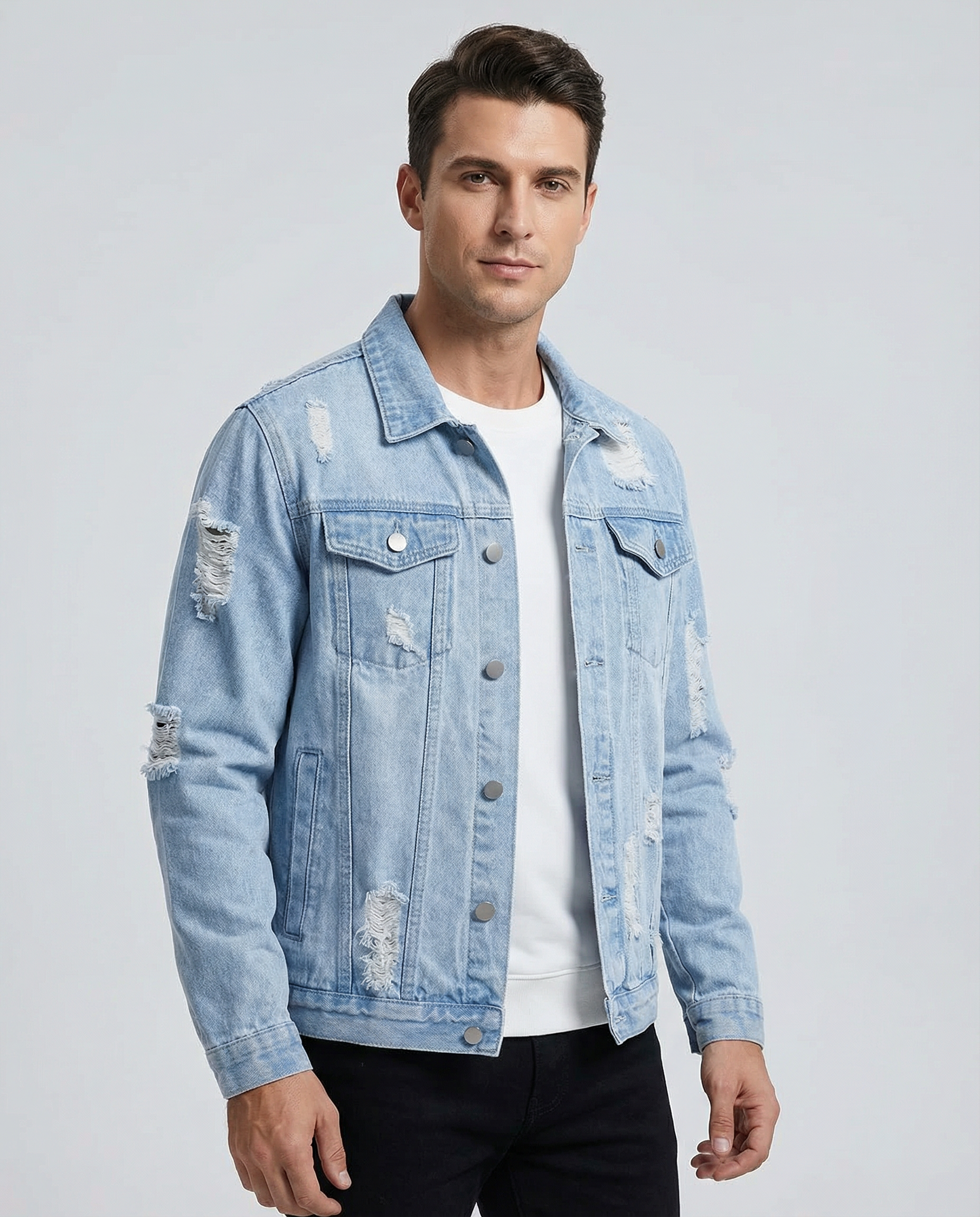 Men's Light Blue Denim Jacket – Trendy Ripped Design for Stylish Casual Wear