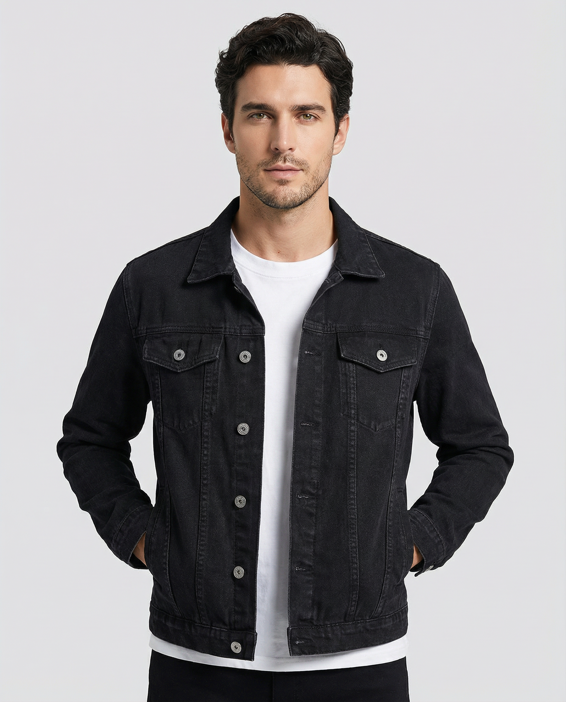 Men's Black Denim Jacket – Classic Lapel Design for Casual Style