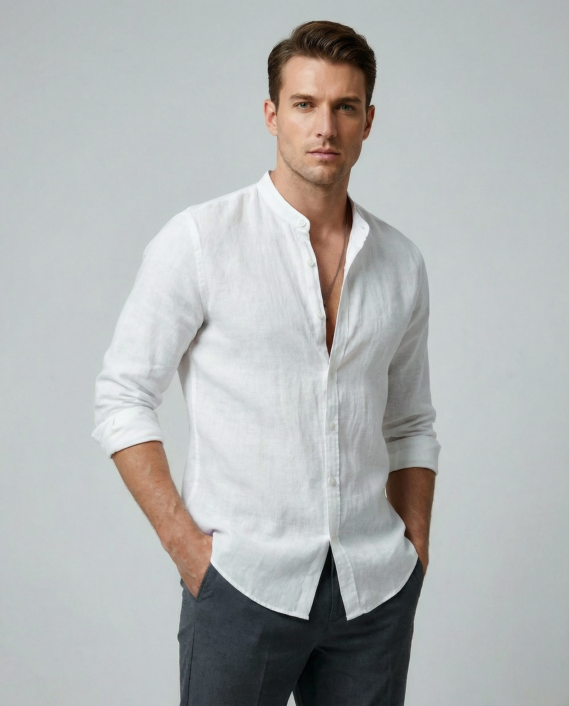 Cedar Men's Linen Shirt – Lightweight Stand-Up Collar for Summer Comfort