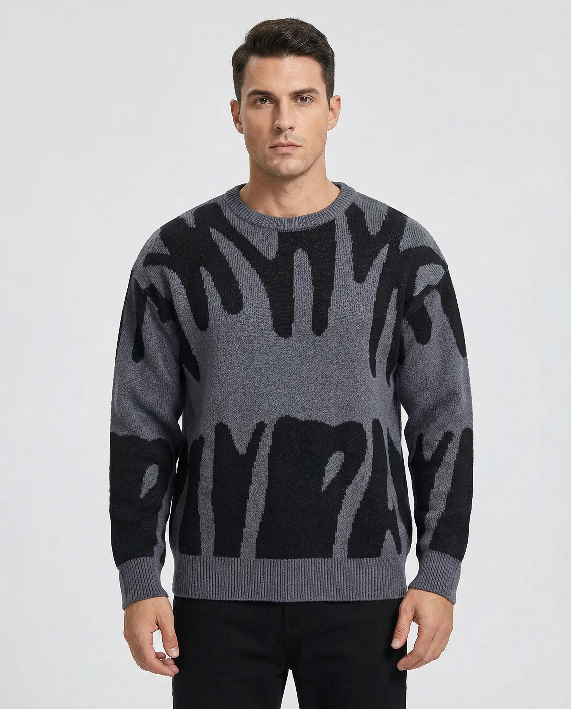 Men's Abstract Graffiti Jacquard Knit Jumper - Oversized Boxy Fit Crew Neck Sweater