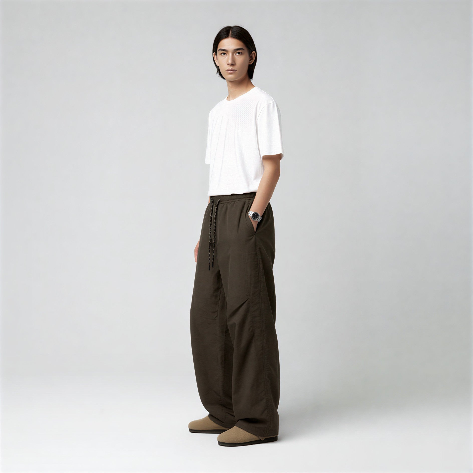 Men's Wide-Leg Cargo Trousers - Dark Cocoa Brown – Relaxed Fit Drawstring Pants