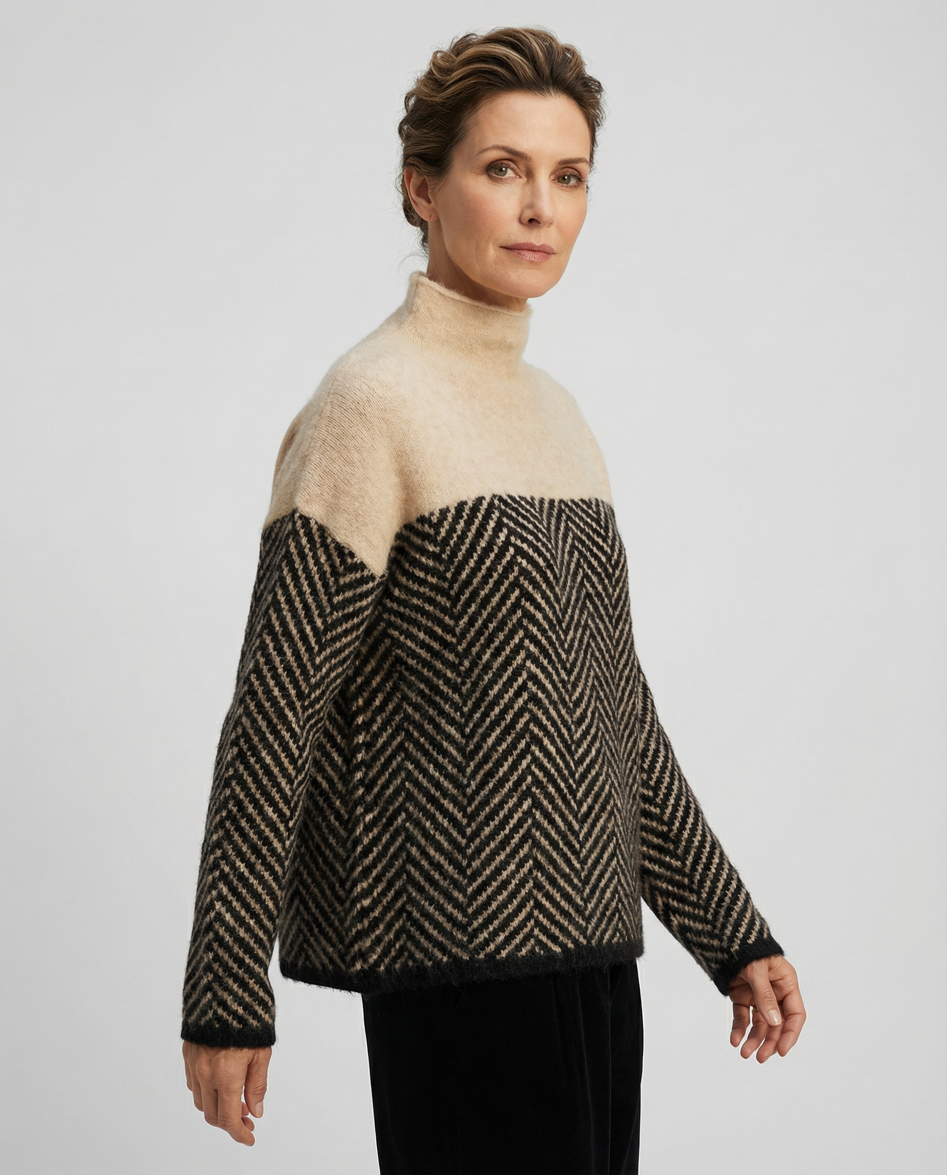 Women's High Neck Herringbone Jumper – Relaxed Fit Colour Block Knitted Pullover