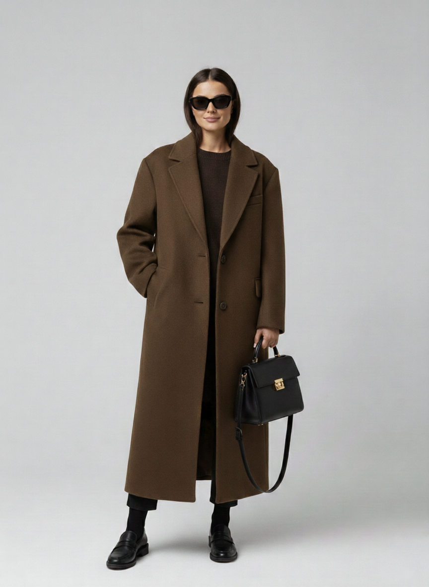 Women's Longline Oversized Coat – Brown Wool Blend Overcoat – Relaxed Fit Tailored Jacket