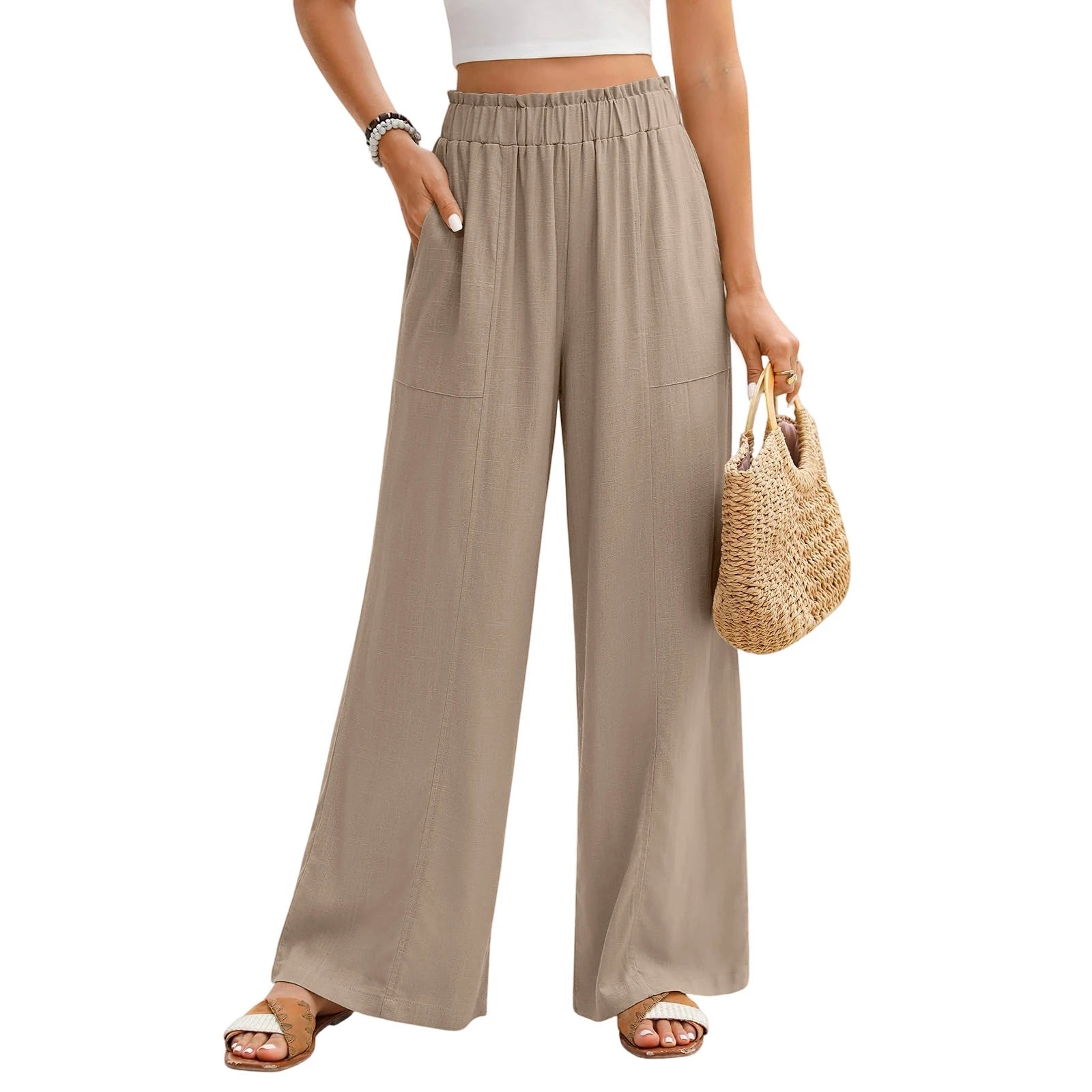 Amalfi Wide Leg Pants – Soft White Linen for Effortless Summer Style — model wearing