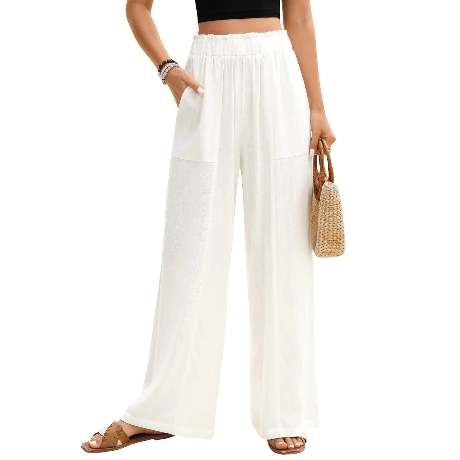 Amalfi Wide Leg Pants – Soft White Linen for Effortless Summer Style — styling detail