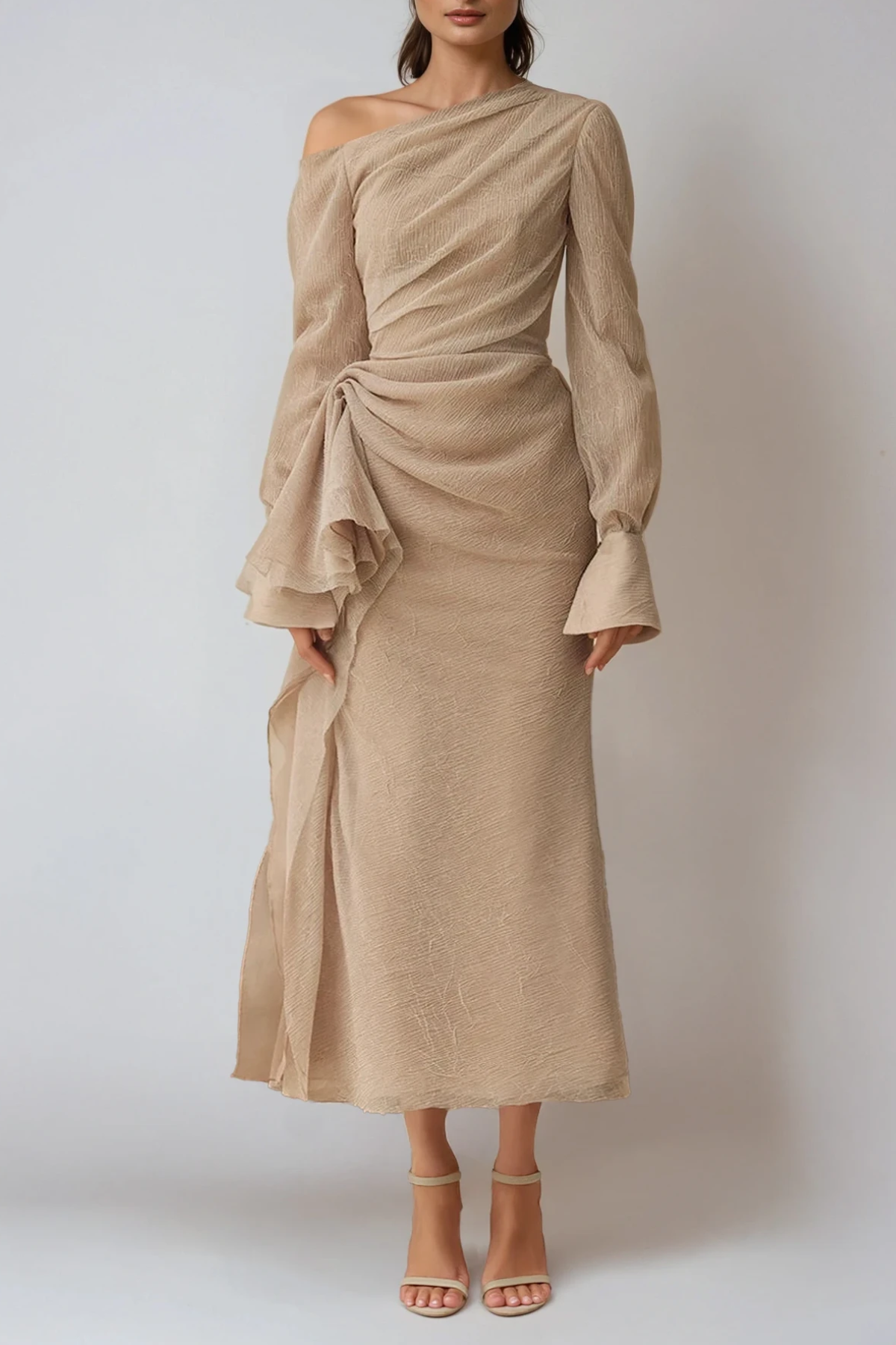 Asymmetric Draped One Shoulder Long Sleeve Formal Maxi Dress