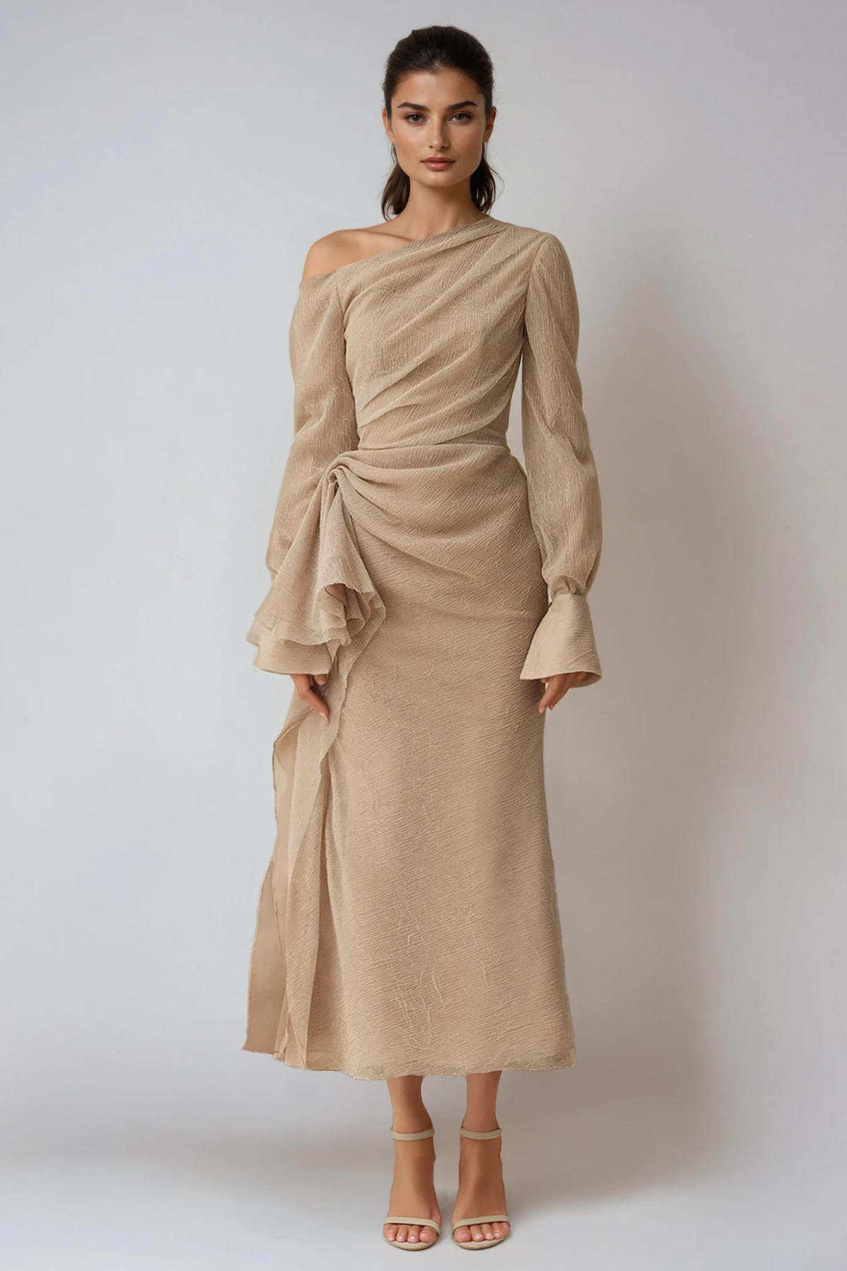 Asymmetric Draped One Shoulder Long Sleeve Formal Maxi Dress