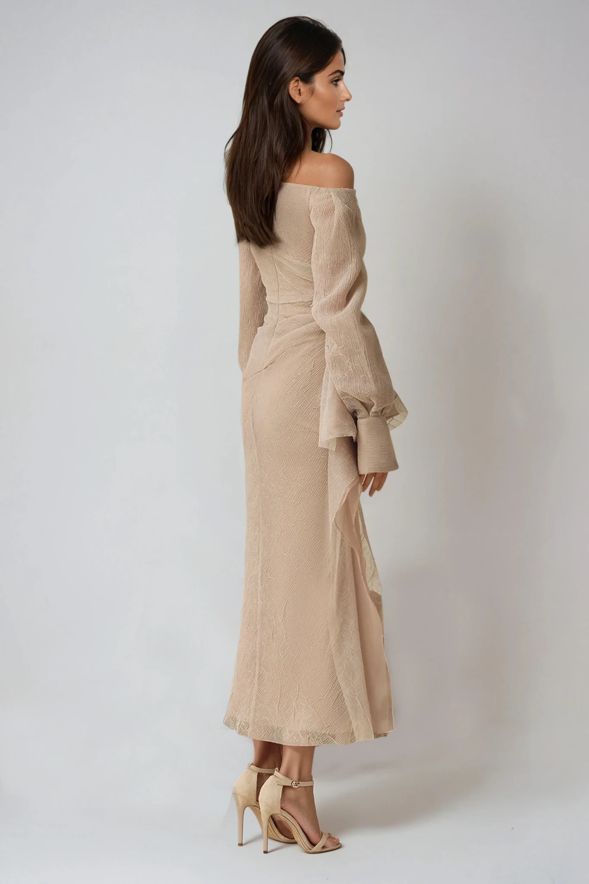 Asymmetric Draped One Shoulder Long Sleeve Formal Maxi Dress