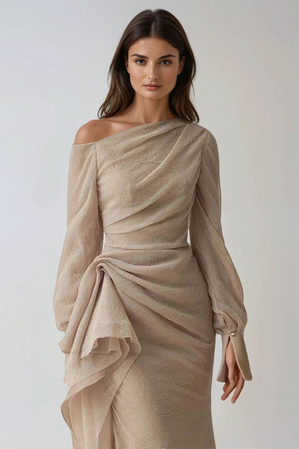 Asymmetric Draped One Shoulder Long Sleeve Formal Maxi Dress