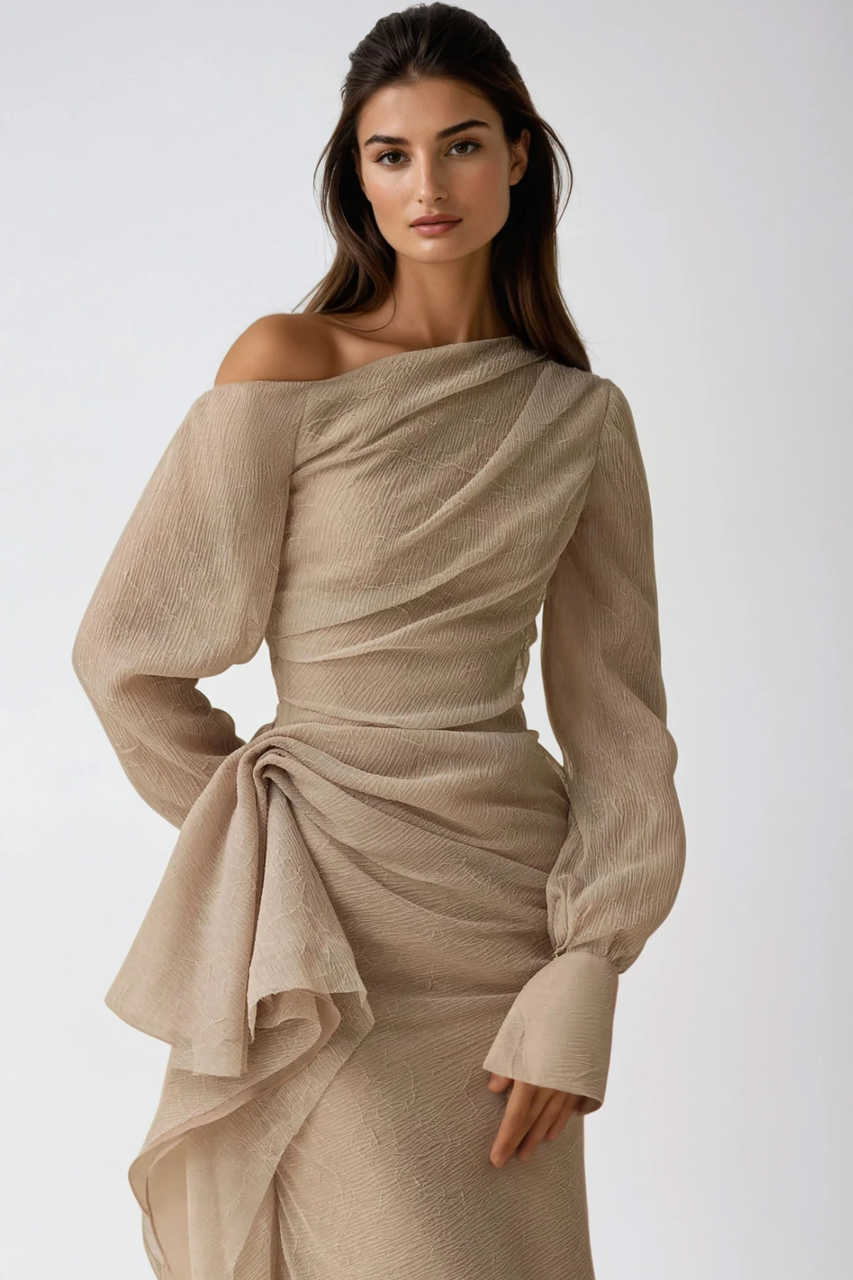 Asymmetric Draped One Shoulder Long Sleeve Formal Maxi Dress
