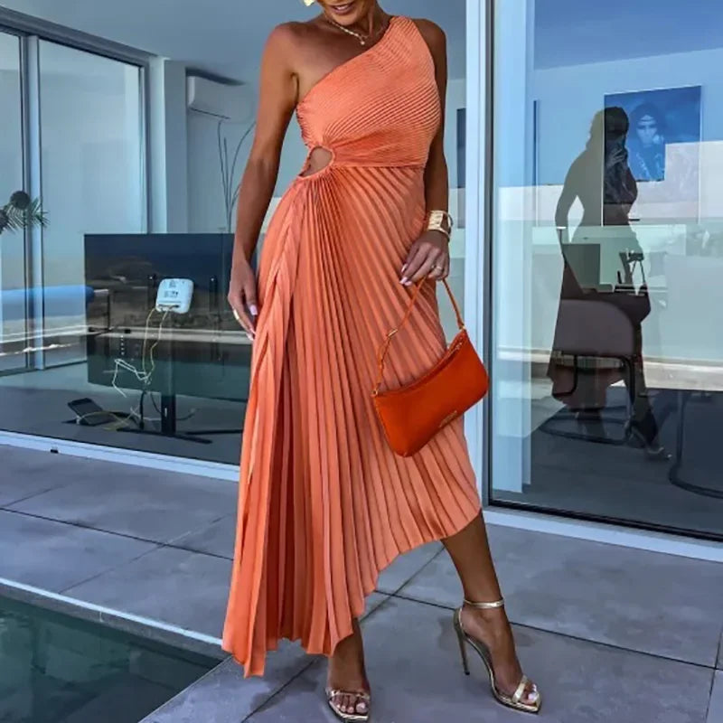 Asymmetric Elegance Dress – Chic One Shoulder Cocktail Dress for Evening Events — model wearing