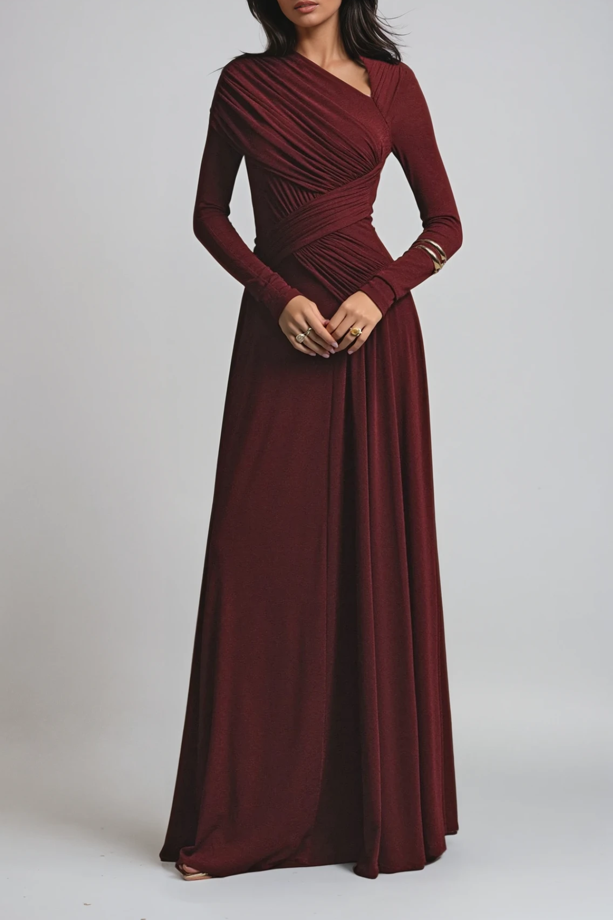 Asymmetric Neckline Long Sleeve Ruched Formal Evening Maxi Dress