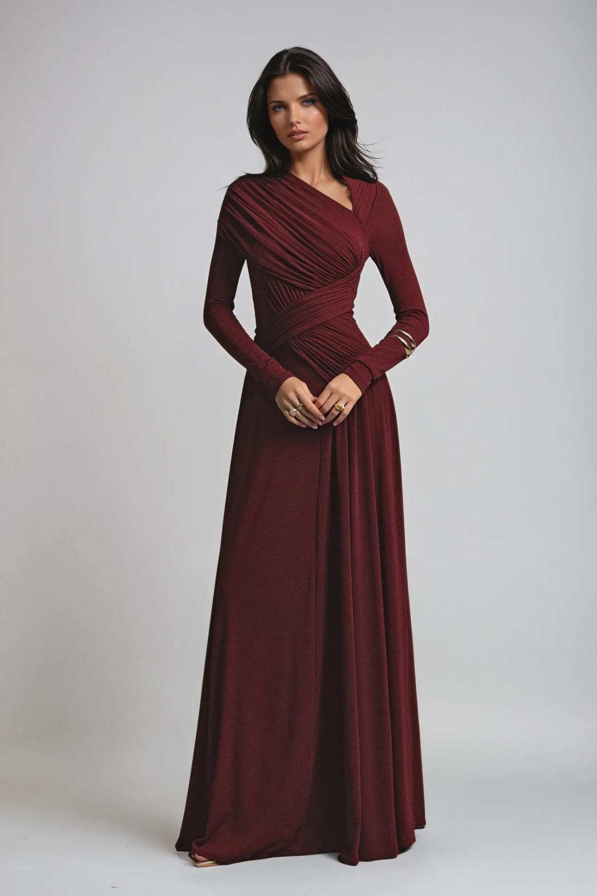 Asymmetric Neckline Long Sleeve Ruched Formal Evening Maxi Dress