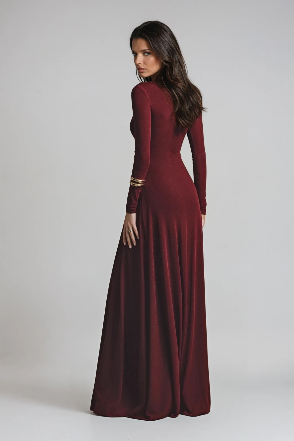 Asymmetric Neckline Long Sleeve Ruched Formal Evening Maxi Dress