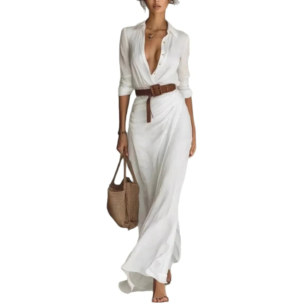 Autumn Asymmetrical Pleated Dress – Elegant V-Neck for Day to Night Wear — back view