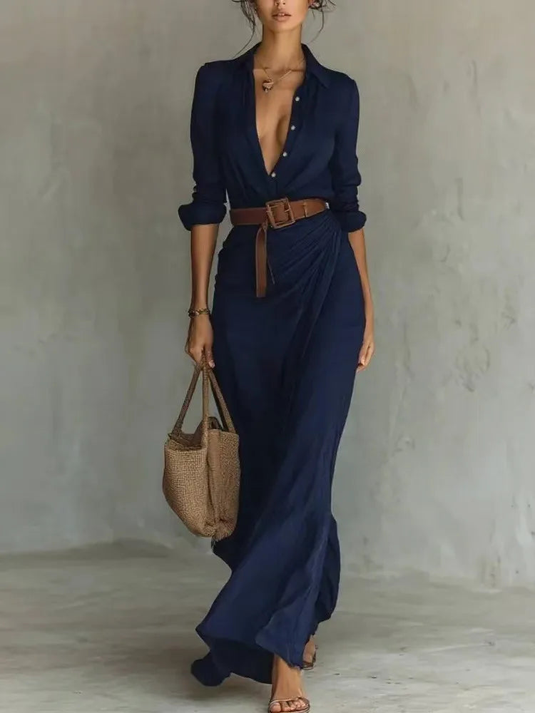 Autumn Asymmetrical Pleated Dress – Elegant V-Neck for Day to Night Wear — close-up
