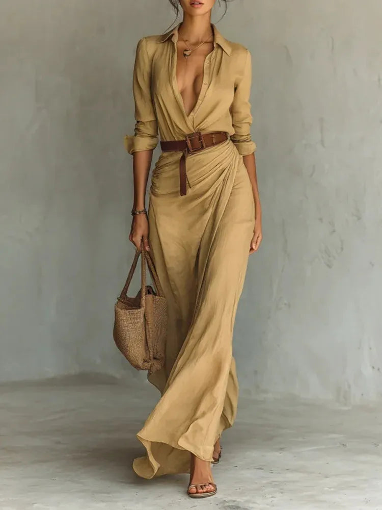 Autumn Asymmetrical Pleated Dress – Elegant V-Neck for Day to Night Wear — detail view
