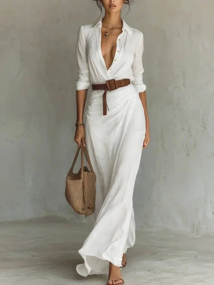 Autumn Asymmetrical Pleated Dress – Elegant V-Neck for Day to Night Wear — model wearing