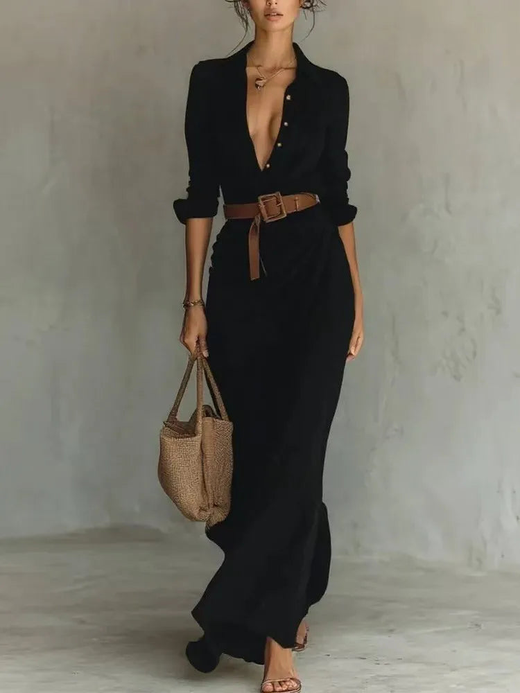 Autumn Asymmetrical Pleated Dress – Elegant V-Neck for Day to Night Wear — side view