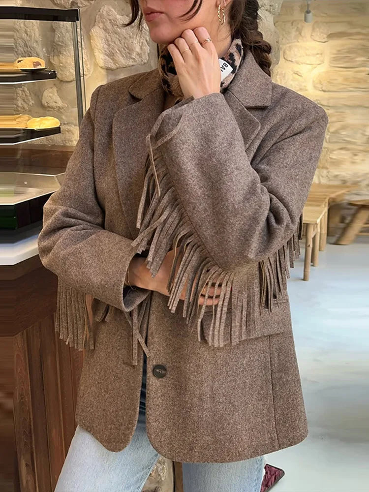 Autumn Bomber Coat – Stylish Wool Blazer with Tassel Detail — alternative angle