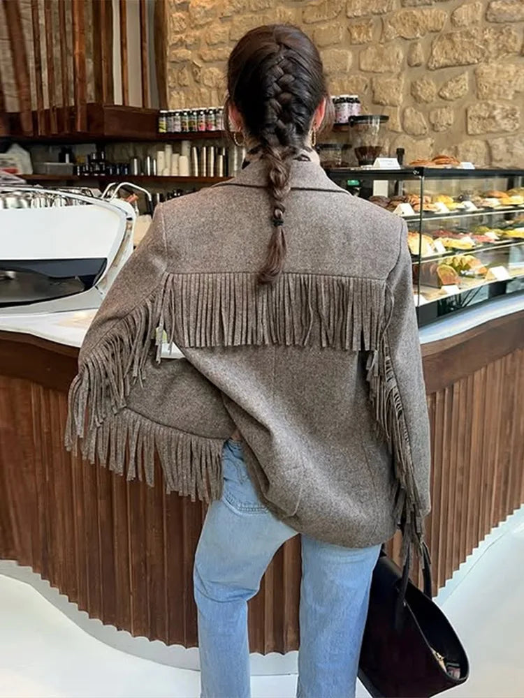 Autumn Bomber Coat – Stylish Wool Blazer with Tassel Detail — close-up