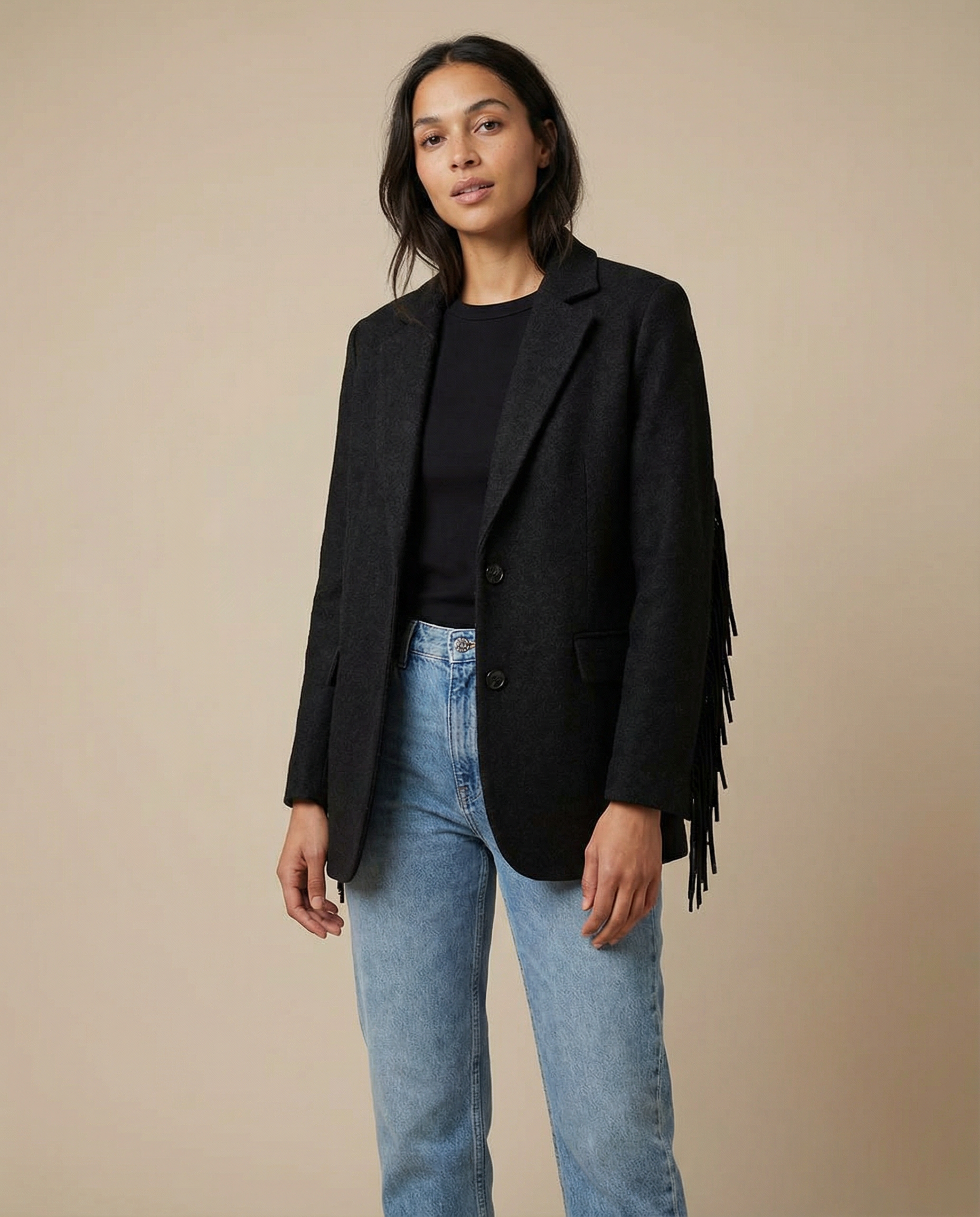 Autumn Bomber Coat – Stylish Wool Blazer with Tassel Detail — detail view