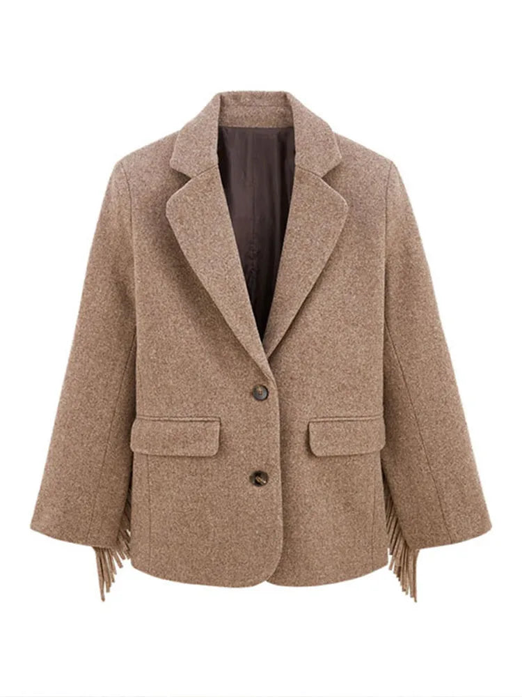 Autumn Bomber Coat – Stylish Wool Blazer with Tassel Detail — model wearing