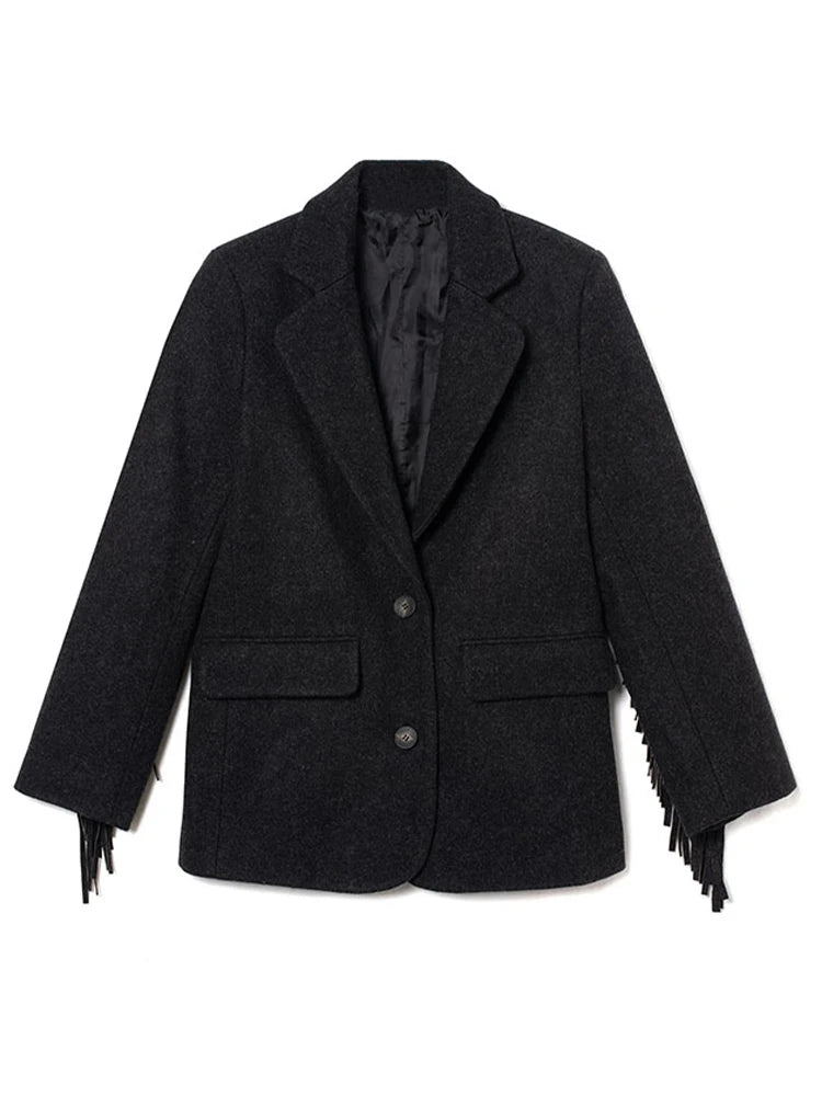 Autumn Bomber Coat – Stylish Wool Blazer with Tassel Detail — styling detail