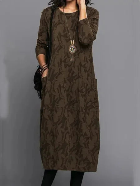 Autumn Elegance Long Dress – Unique Printed Long Sleeve Casual Outfit — alternative angle