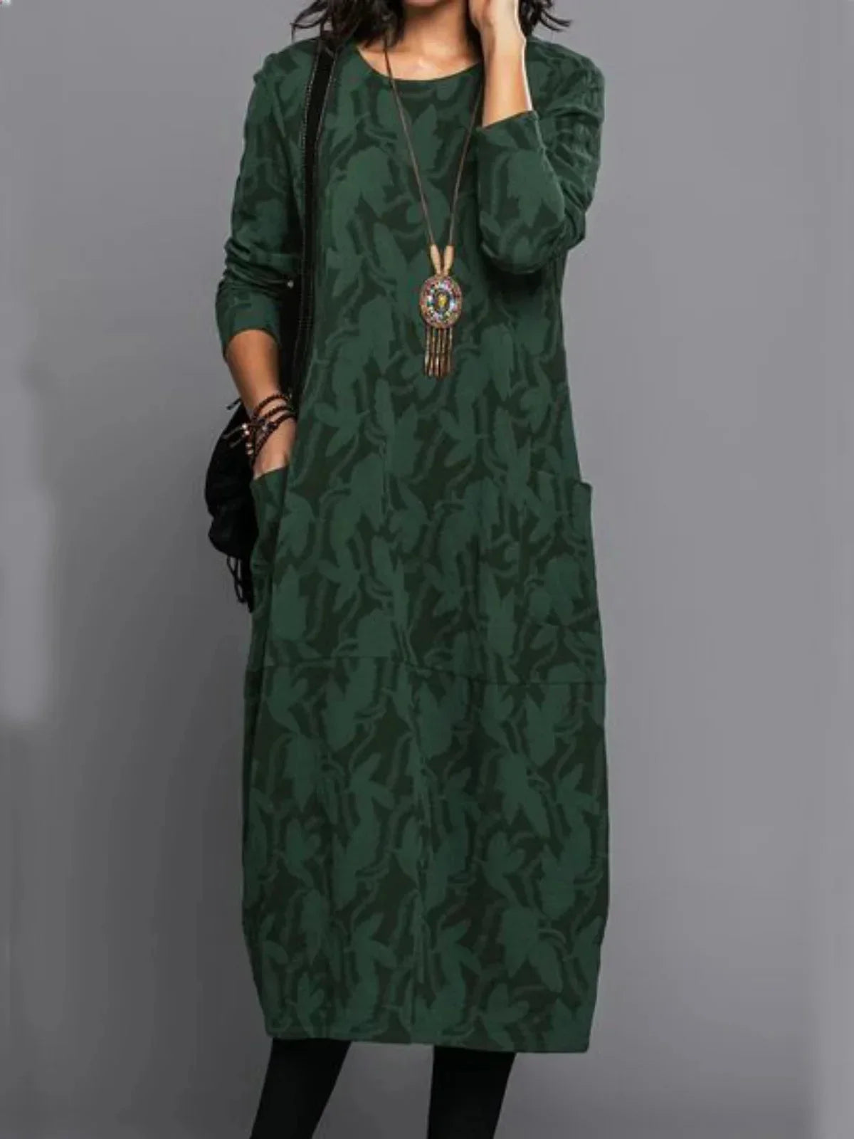 Autumn Elegance Long Dress – Unique Printed Long Sleeve Casual Outfit — back view