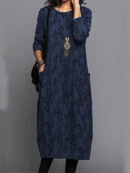 Autumn Elegance Long Dress – Unique Printed Long Sleeve Casual Outfit — close-up
