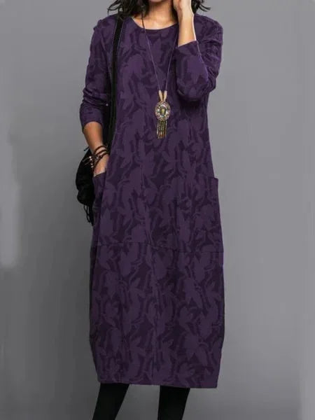 Autumn Elegance Long Dress – Unique Printed Long Sleeve Casual Outfit — detail view