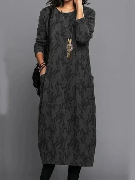 Autumn Elegance Long Dress – Unique Printed Long Sleeve Casual Outfit — model wearing