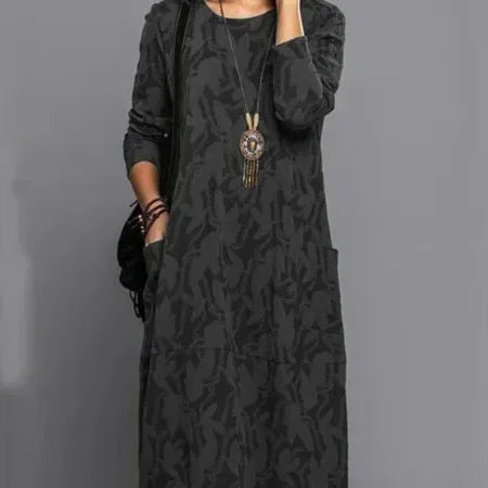 Autumn Elegance Long Dress – Unique Printed Long Sleeve Casual Outfit