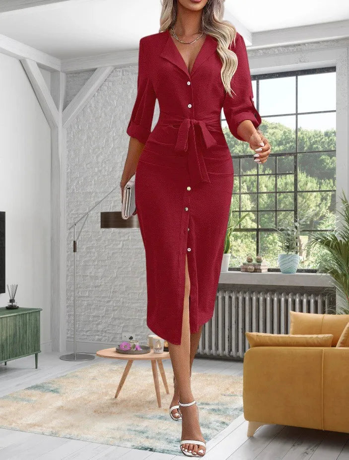 Autumn Elegance Midi Dress – Stylish Lapel Tie Design for Versatile Day to Night Wear — alternative angle