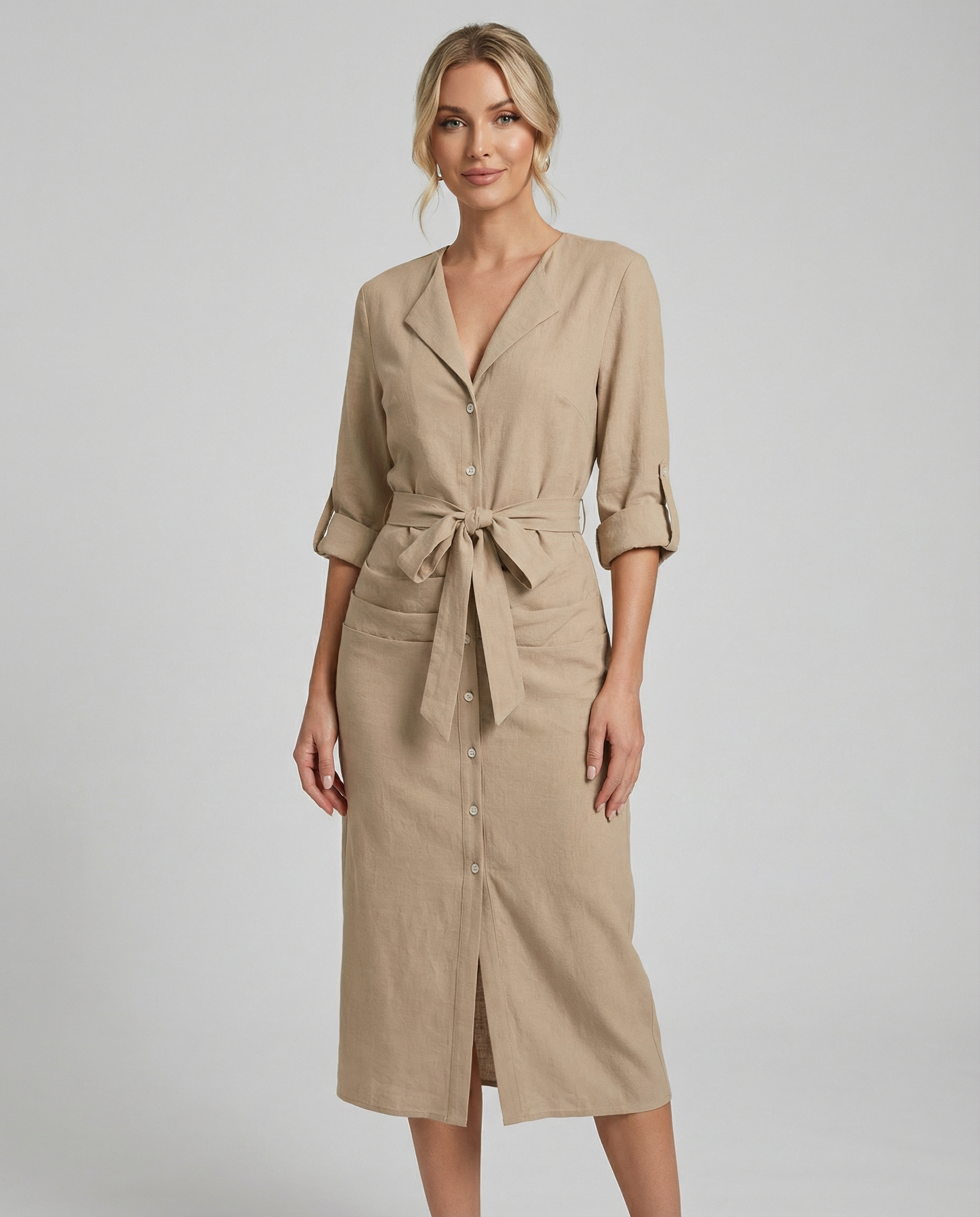 Autumn Elegance Midi Dress – Stylish Lapel Tie Design for Versatile Day to Night Wear — back view