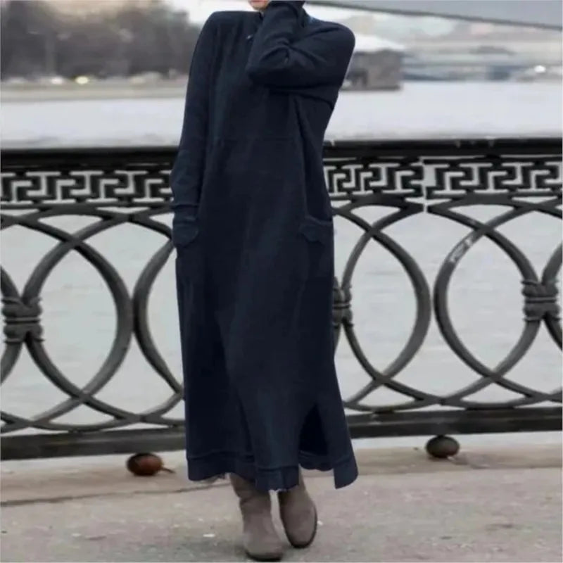 Autumn Maxi Dress – Elegant Loose Fit Long Sleeve Hoodie — close-up