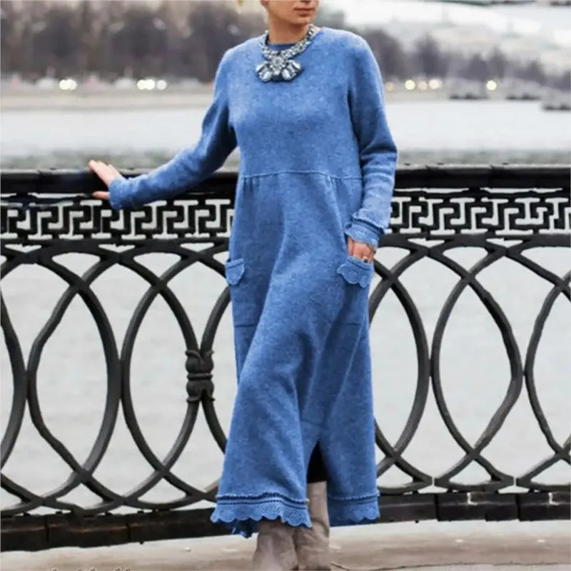 Autumn Maxi Dress – Elegant Loose Fit Long Sleeve Hoodie — model wearing