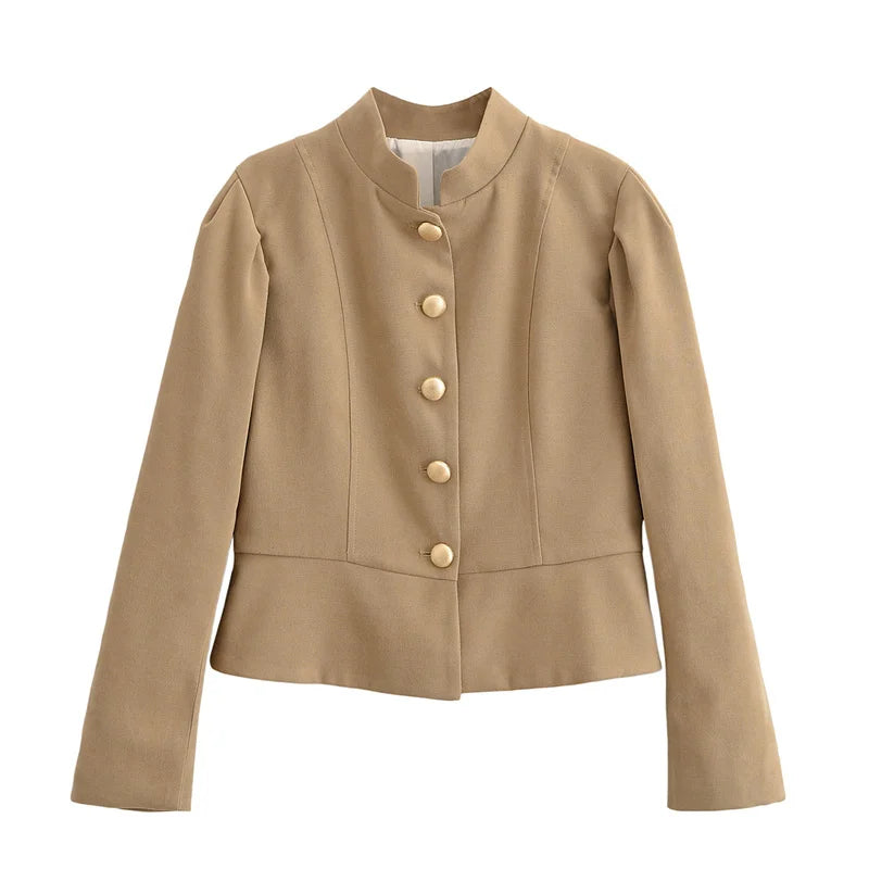 Autumn Velvet Blazer – Chic Puff Shoulder Design — model wearing