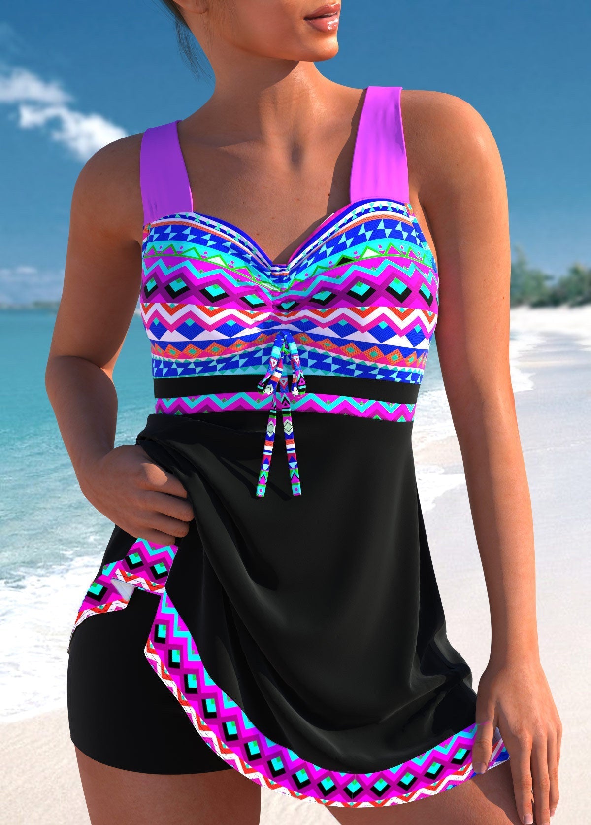 Aztec Geometric Print Swim Dress with Skirted Overlay