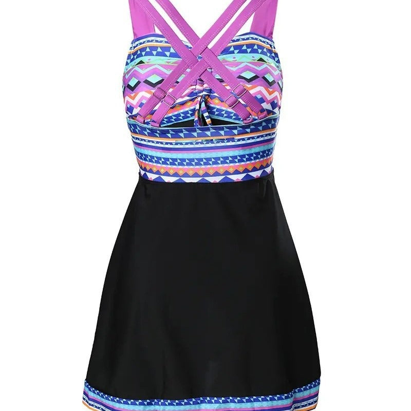 Aztec Geometric Print Swim Dress with Skirted Overlay