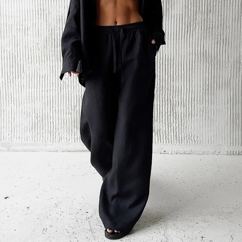 Baggy Linen Pants – Comfortable High Waist Wide Leg Design for Effortless Style — detail view