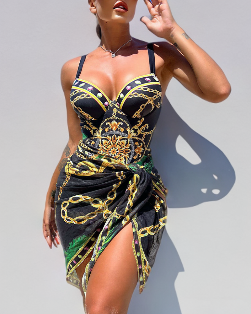 Baroque Gold Chain Print Push-Up Swimsuit with Cover-Up Skirt